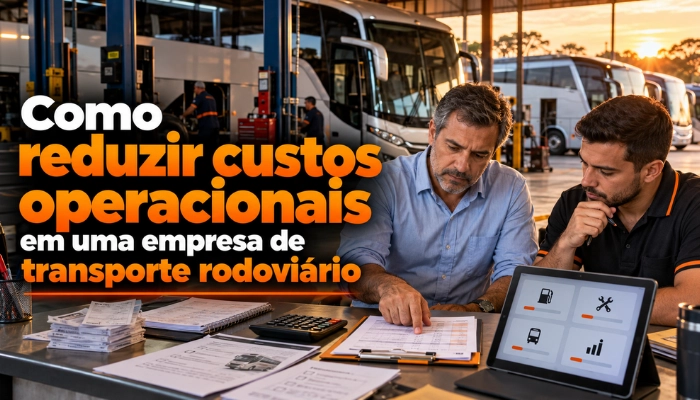 Gestor e analista de empresa de ônibus revisam documentos e tablet com indicadores de custos em mesa na garagem, com ônibus em manutenção e frota estacionada ao entardecer ao fundo